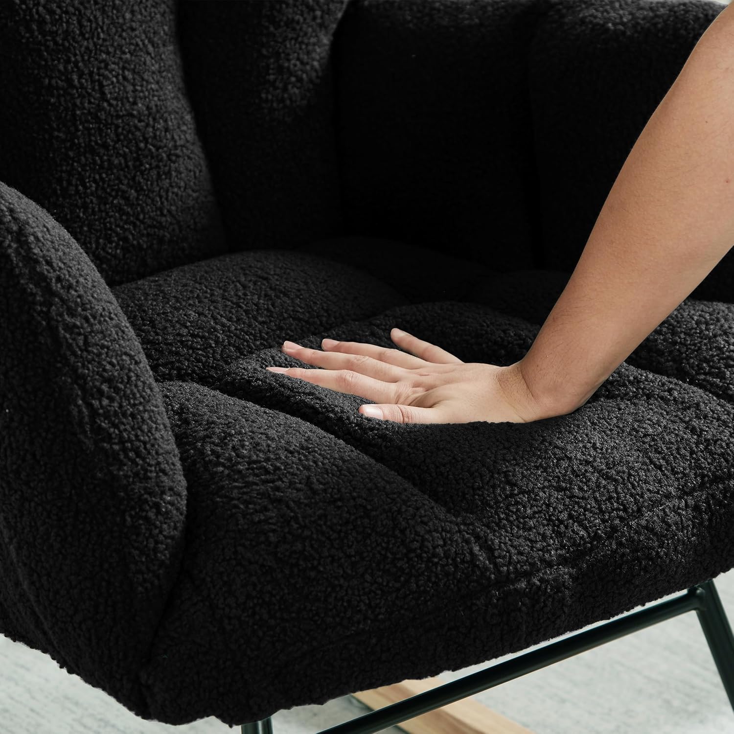 Glider Chair for Living Room, Teddy Upholstered Glider Rocker with High Backrest Armchair, Modern Rocking Accent Chairs Armchair Comfy Chair for Nursery Living Room Bedroom (Black)