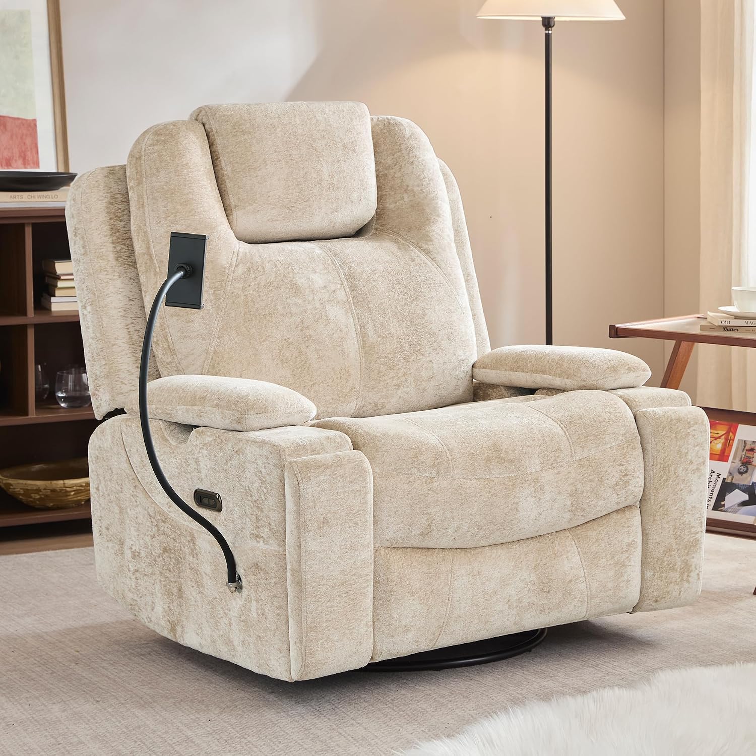 360° Swivel Rocker Recliner Chair for Adults, Rocking Chair Nursery with Massage and Heat, Chenille Fabric Recliner with Cup Holders & Side Pocket for Living Room