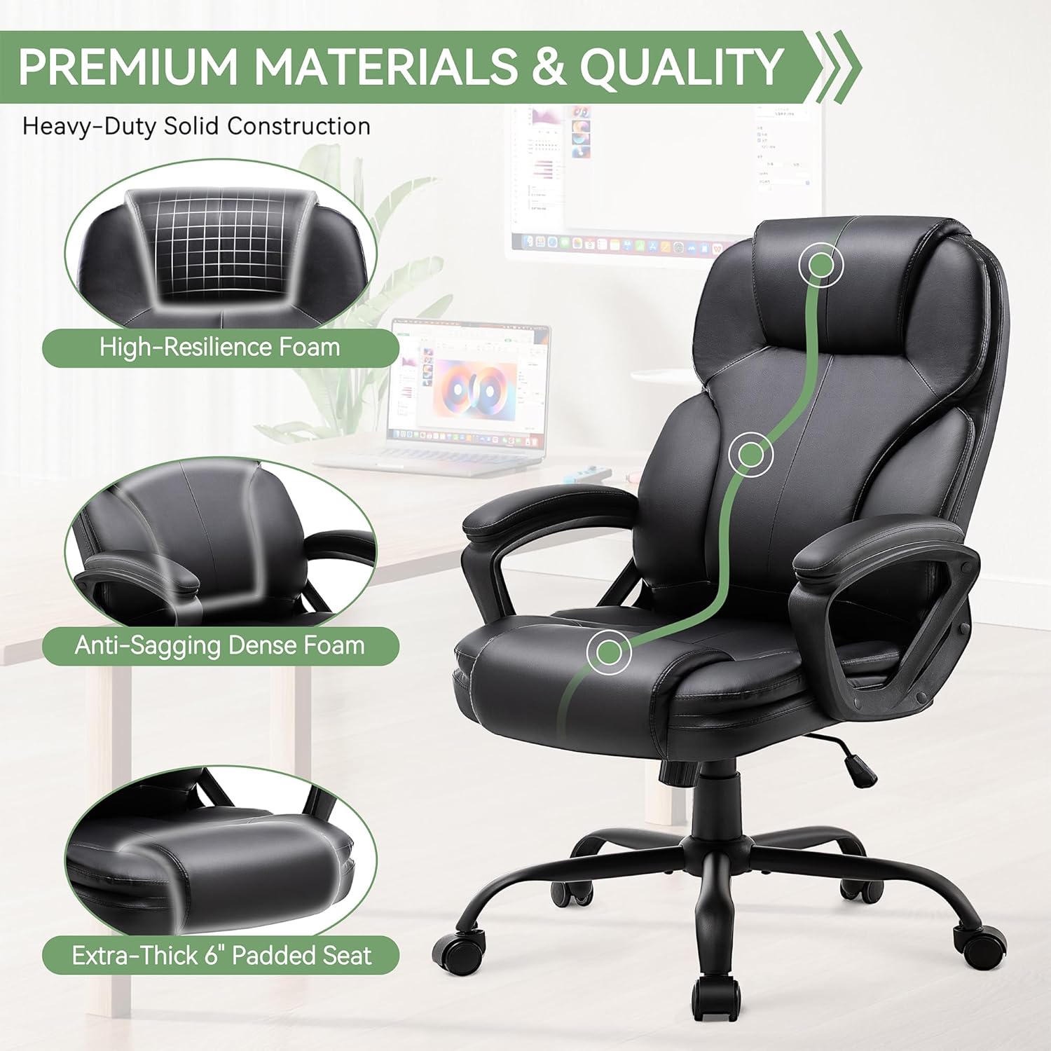 Ergonomic Office Chair with High Back, Comfy Desk Chair, Adjustable Executive Office Chair for Home Office, Big and Tall Computer Chair Heavy Duty, 360° Swivel, Faux Leather Black