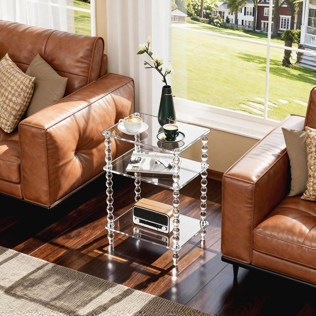 Acrylic Side Table Clear 3-Tier End Table for Living Room, Office, Hallway, Bedroom,Bathroom (Clear, Nomal)