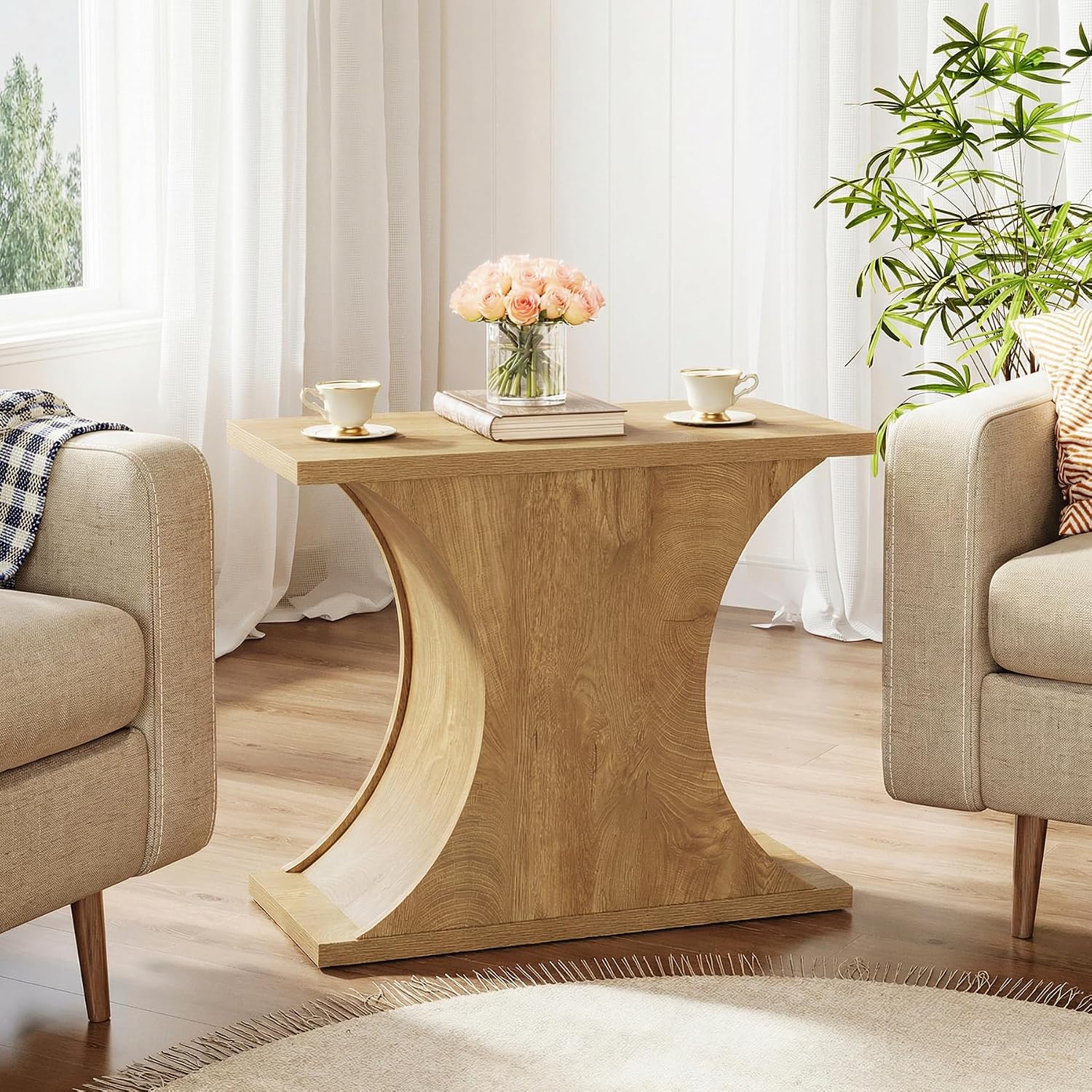 Tribesigns 31.5" Modern Side Table, Rectangle Narrow End Table with Hourglass Base, Farmhouse Wooden Nightstand for Small Spaces, for Living Room, Bedroom (1)