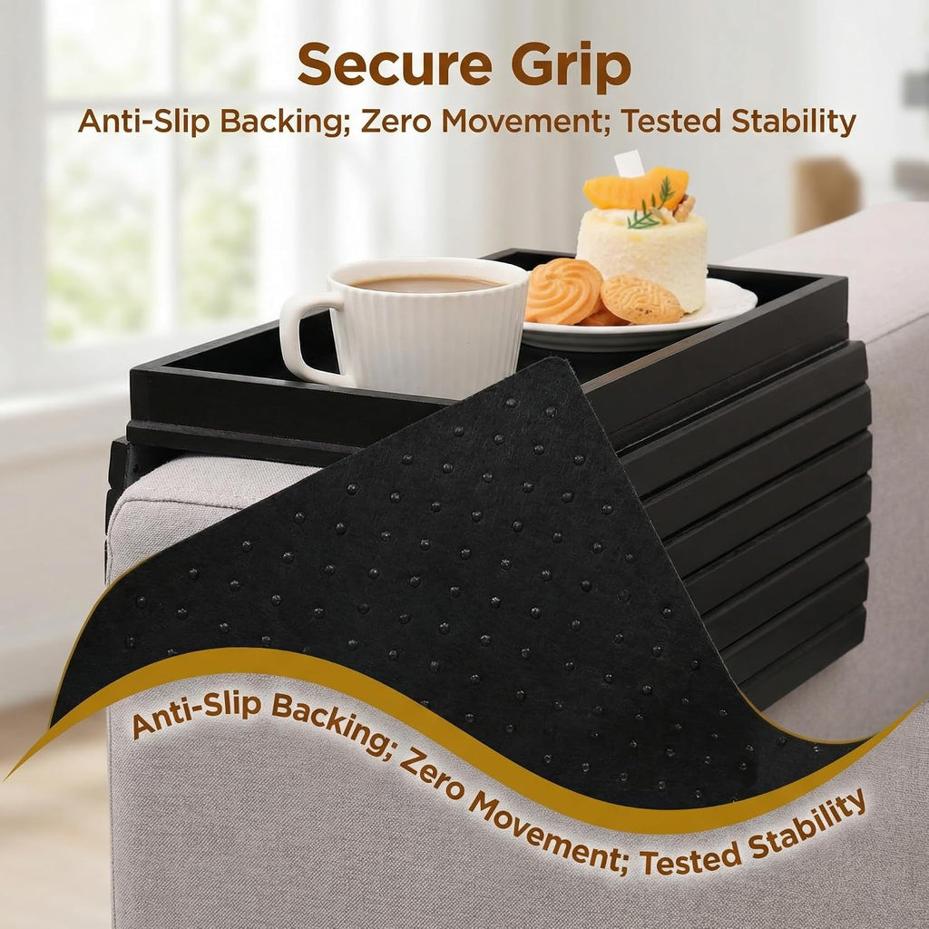 Couch Armrest Table, Bamboo Couch Cup Holder, Couch Cup Holder Tray, Sofa Arm Tray, Armchair Caddy 12.4" x 5.5" with Nonslip Felt Bottom, Sturdy Bamboo Slats for Armrests 6" and Wider (Black)