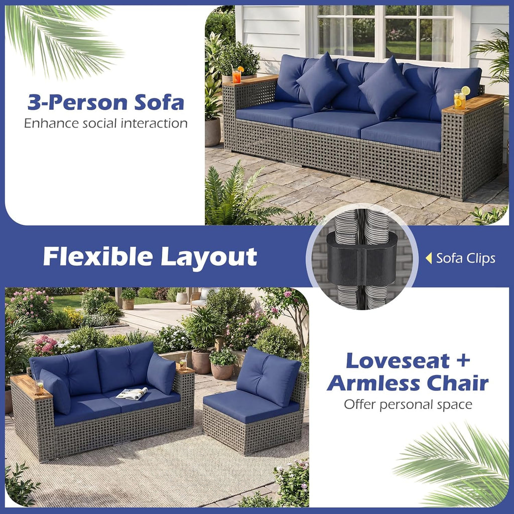 KOTEK 3-Seater Outdoor Couch, 86.5" Large Size Patio Wicker Sofa with Cup Holders & Wood Armrest, Cushions & Pillows, 3 Piece PE Rattan Sectional Furniture Set for Porch, Deck, Backyard (Navy)