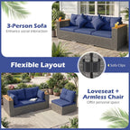 KOTEK 3-Seater Outdoor Couch, 86.5" Large Size Patio Wicker Sofa with Cup Holders & Wood Armrest, Cushions & Pillows, 3 Piece PE Rattan Sectional Furniture Set for Porch, Deck, Backyard (Navy)