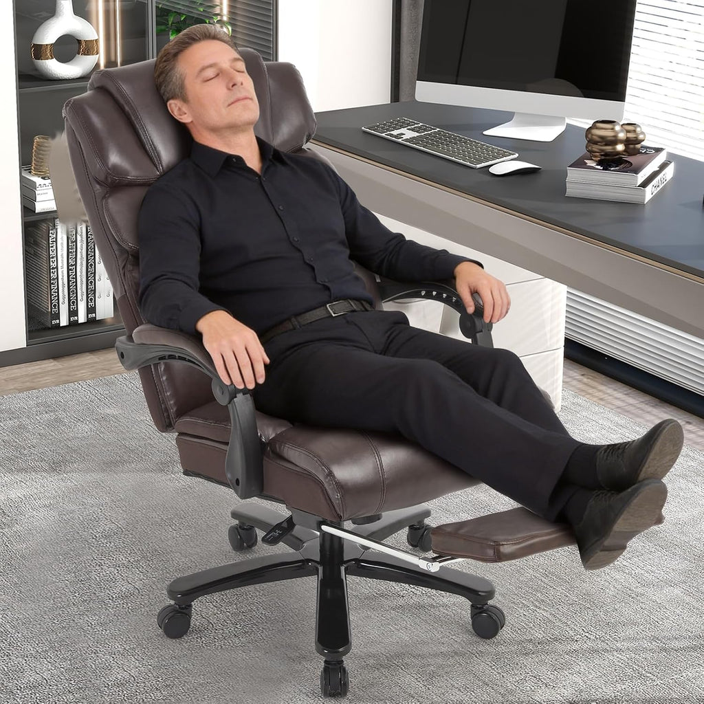 Heavy Duty Executive Office Chair, 500lbs Big and Tall Office Chair with Wide Seat, Reclining Ergonomic Desk Chair with Footrest PU Leather Computer Chair for Home Office, Red Brown