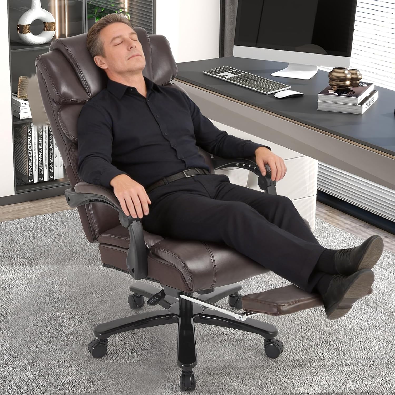Heavy Duty Executive Office Chair, 500lbs Big and Tall Office Chair with Wide Seat, Reclining Ergonomic Desk Chair with Footrest PU Leather Computer Chair for Home Office, Red Brown