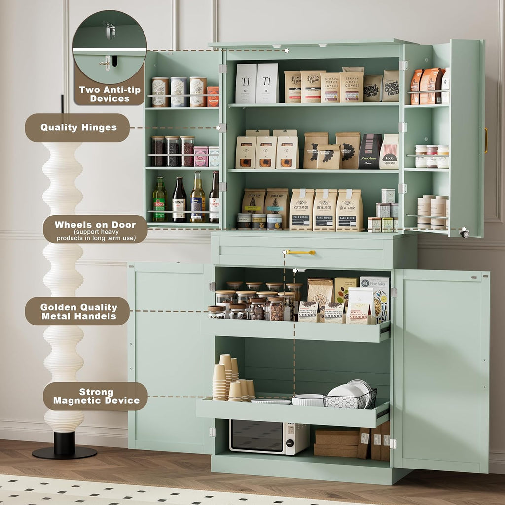 HQZX 71’’ Tall Kitchen Pantry Cabinet, Pantry Storage Cabinet with 6 Doors Shelves, Large Drawer & 2 Pull Out Shelves, Freestanding Cupboard for Kitchen, Dining Room, Green