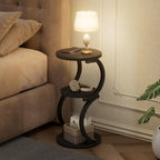 JUSTOGO Small Round Side Table, 3-Tier End Table for Living Room, Vintage Nightstand for Small Spaces Sofa Couch Corner Bedside Bedroom, S-Shaped Wood Accent Table Metal Coffee Table, Black