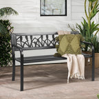 VINGLI Outdoor Metal Bench w/PVC Back - All Weather Resistant Black Garden Patio Bench for Entryway Front Porch Entryway Decor Deck (Black, Tulip)