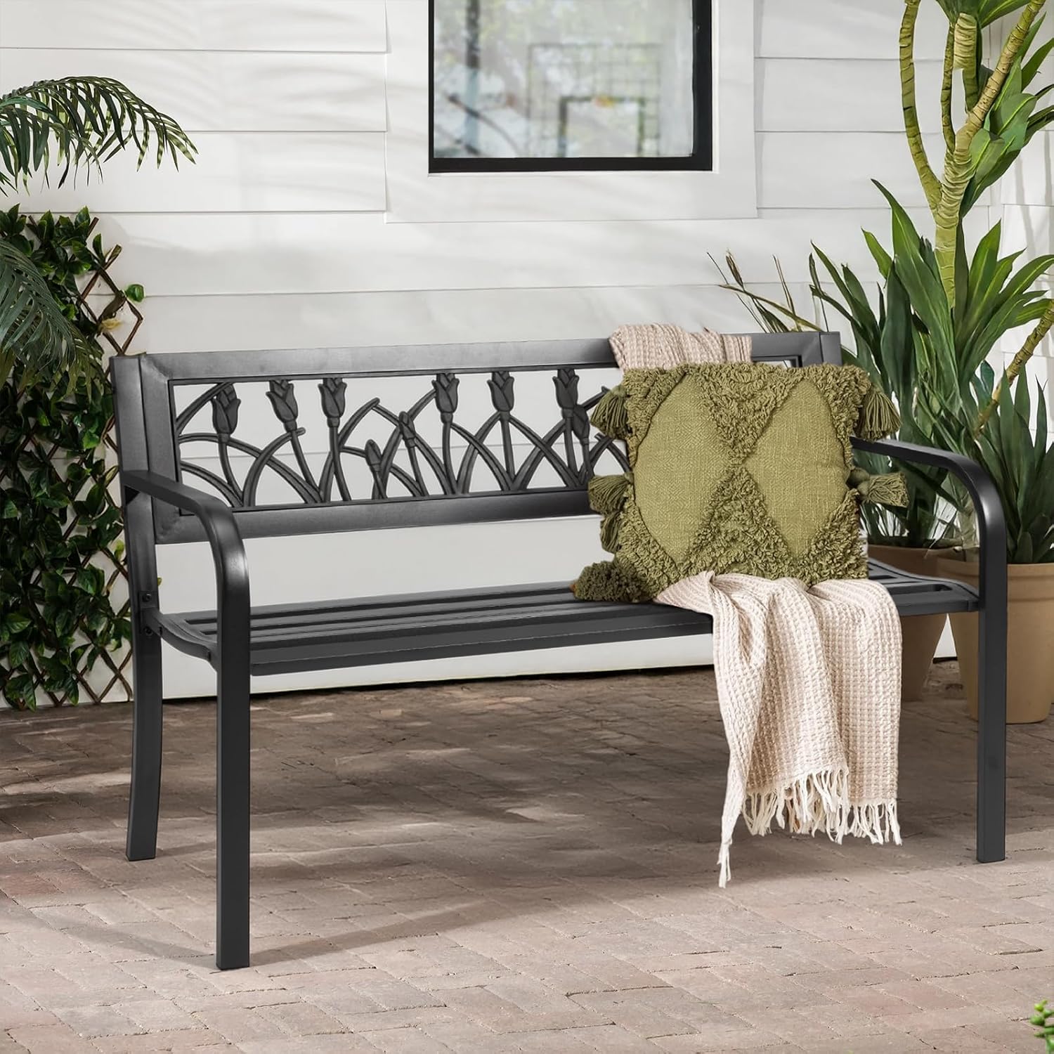 VINGLI Outdoor Metal Bench w/PVC Back - All Weather Resistant Black Garden Patio Bench for Entryway Front Porch Entryway Decor Deck (Black, Tulip)