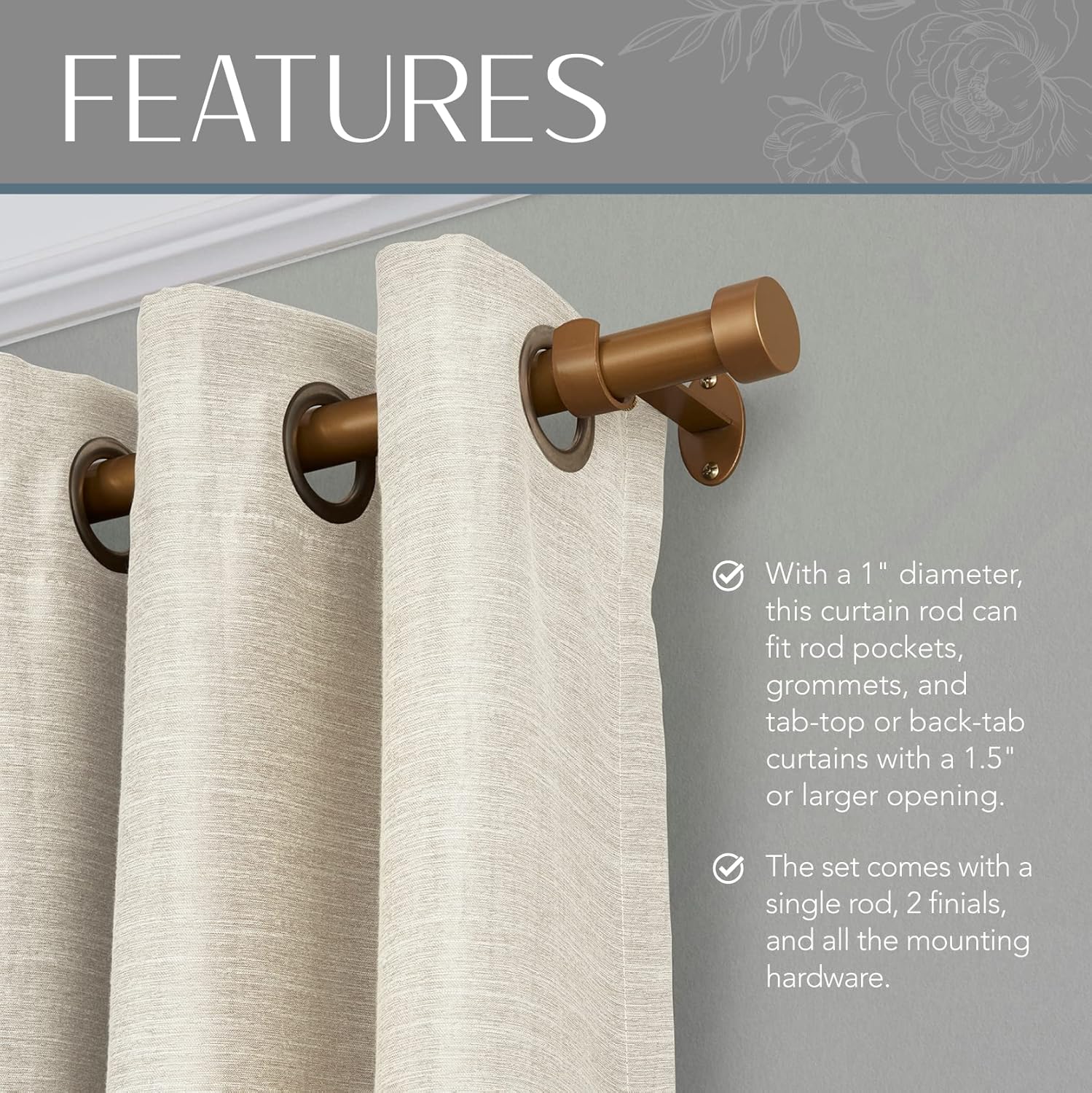 Elrene Home Fashions Serena Single Curtain Rod for Curtains and Drapery with Contemporary Cap Finials, 1-Inch Diameter, 86" - 120" Adjustable Rod, Soft Gold