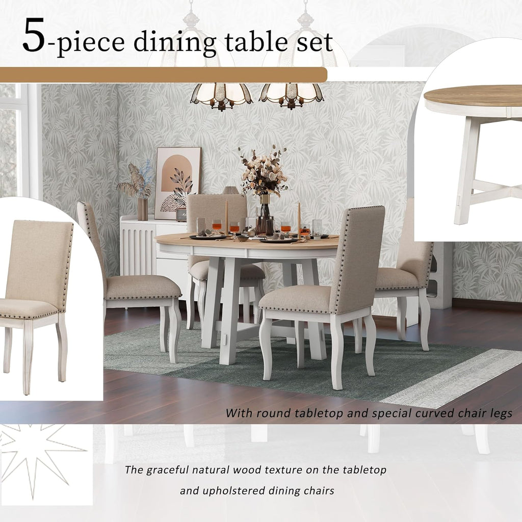 Knocbel Farmhouse 4-Person Extendable Dining Table Set, 5-Piece Dinette Set with Upholstered Nailhead Trim Chairs, Kitchen Dining Room Small Space Furniture Set (Oak Natural and Antique White)