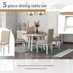 Knocbel Farmhouse 4-Person Extendable Dining Table Set, 5-Piece Dinette Set with Upholstered Nailhead Trim Chairs, Kitchen Dining Room Small Space Furniture Set (Oak Natural and Antique White)