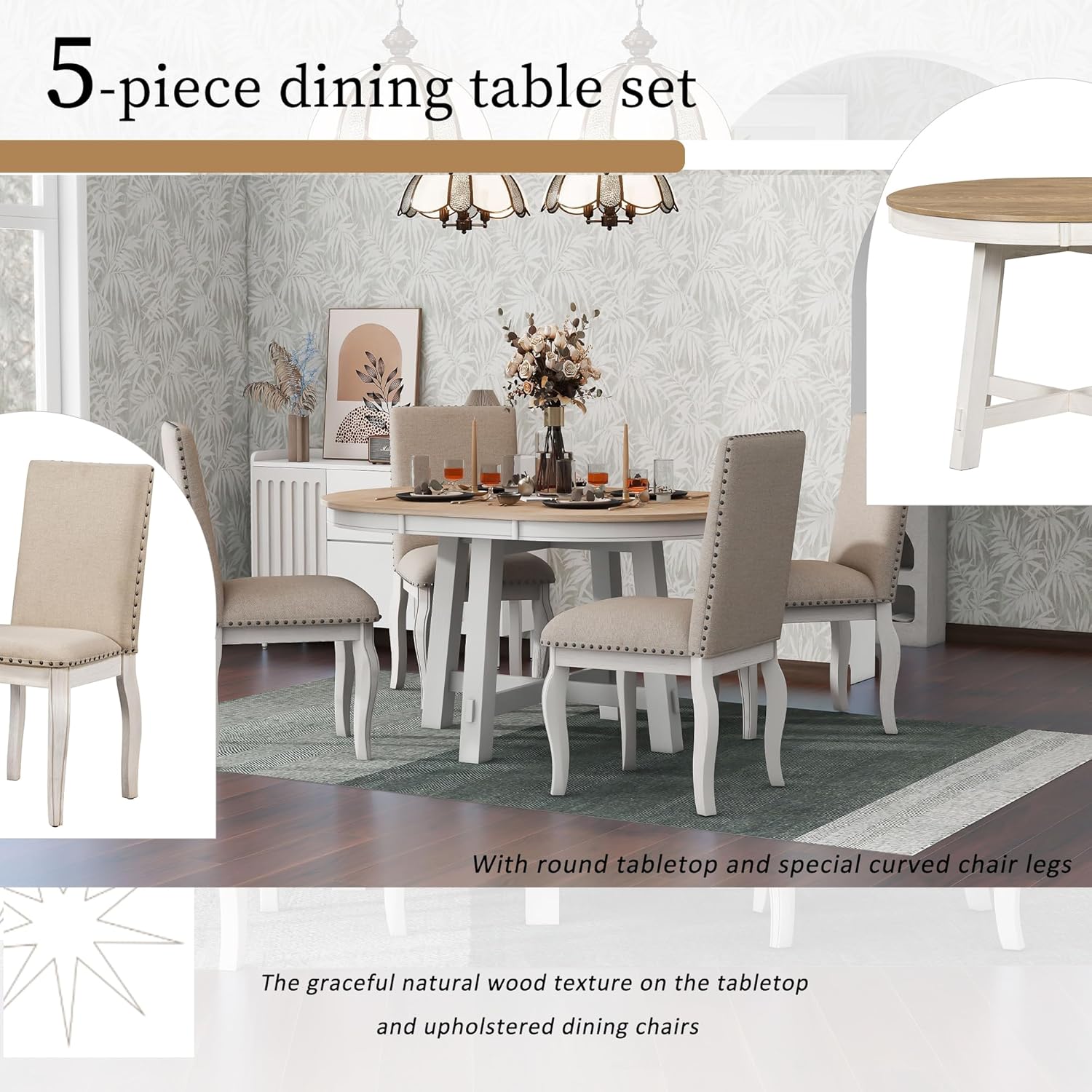 Knocbel Farmhouse 4-Person Extendable Dining Table Set, 5-Piece Dinette Set with Upholstered Nailhead Trim Chairs, Kitchen Dining Room Small Space Furniture Set (Oak Natural and Antique White)