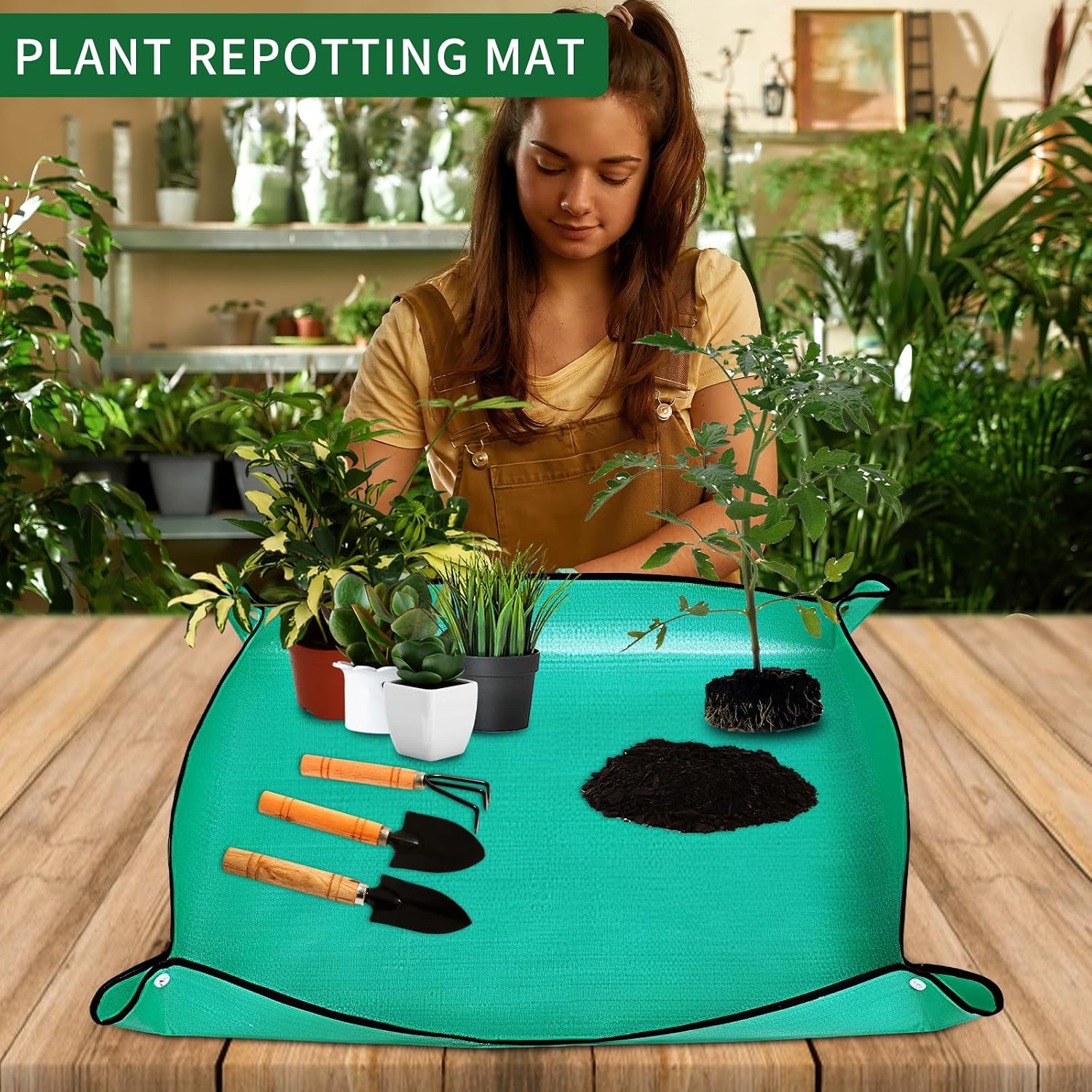 Green Large Foldable Waterproof Potting Mat for Indoor Plants & Succulents - Ideal Transplanting & Repotting Tray, for Plant Lovers and Gardeners (65cm*65cm) (Green)