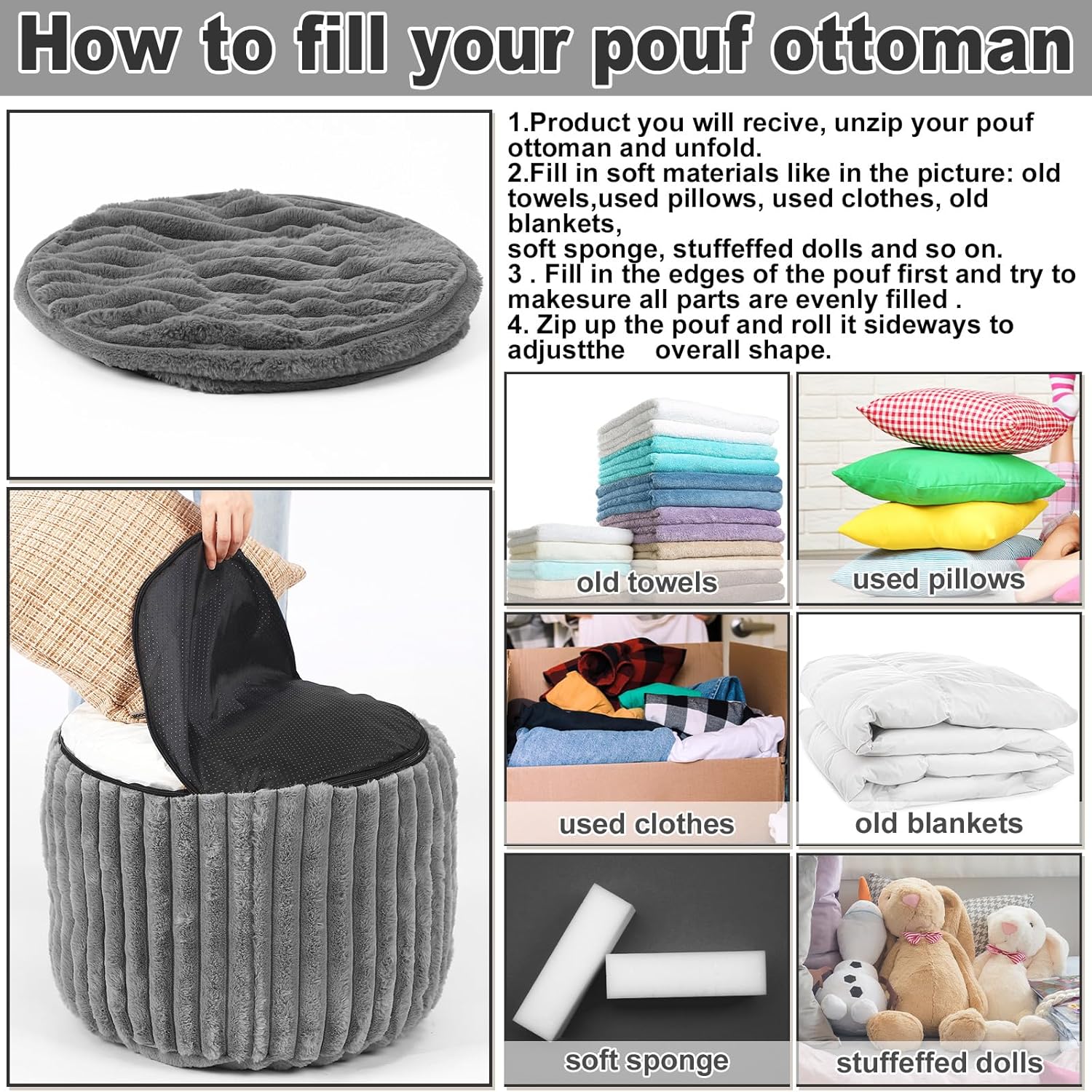 Teenyyou 2 Pcs 20 x 15 Inch Unstuffed Pouf Cover Ottoman Foot Rest - No Filler, Faux Rabbit Fur Foot Stool Floor Bean Bag Floor Chair Storage for Living Room Bedroom Home Decor(Gray)