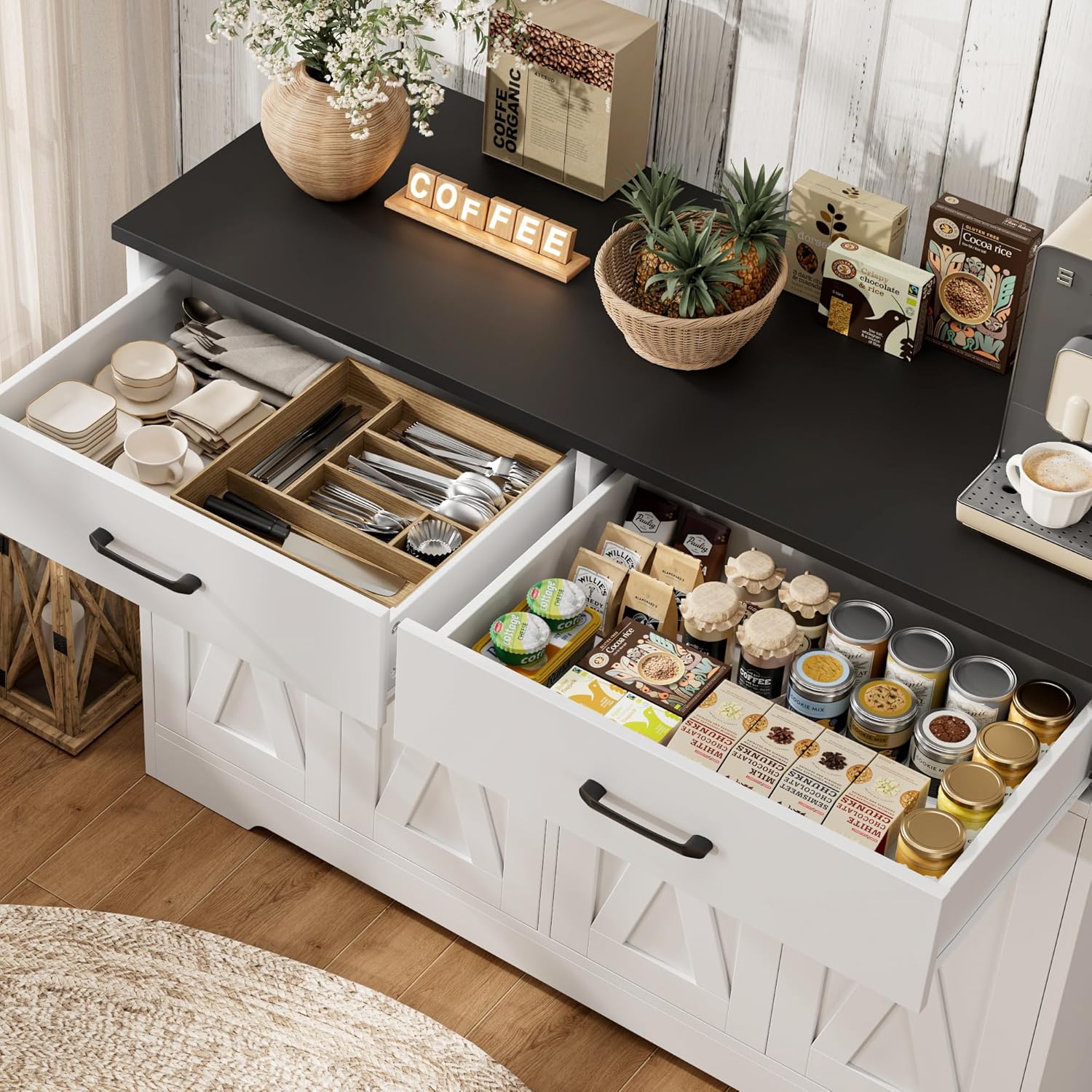 HOSTACK Buffet Cabinet with Storage, 47.2" Kitchen Sideboard Buffet with Drawers, Modern Farmhouse Coffee Bar Station with Shelves, Barn Doors Storage Cabinet for Living Room, White/Black