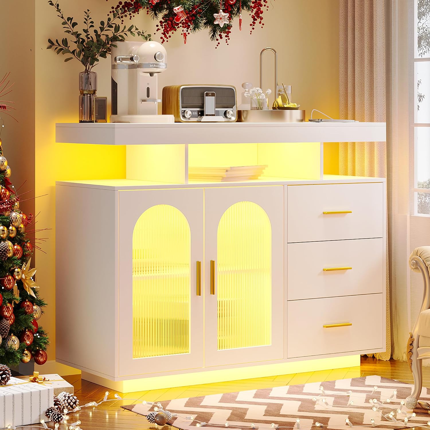 Gurexl 40" LED Buffet Cabinet with Wireless Charging Station,Auto Sensor RGB 20-Color Dimmable Sideboard with Human Body Induction,Sideboards Cabinet with 1 USB&Type-C Port and 3 Drawers