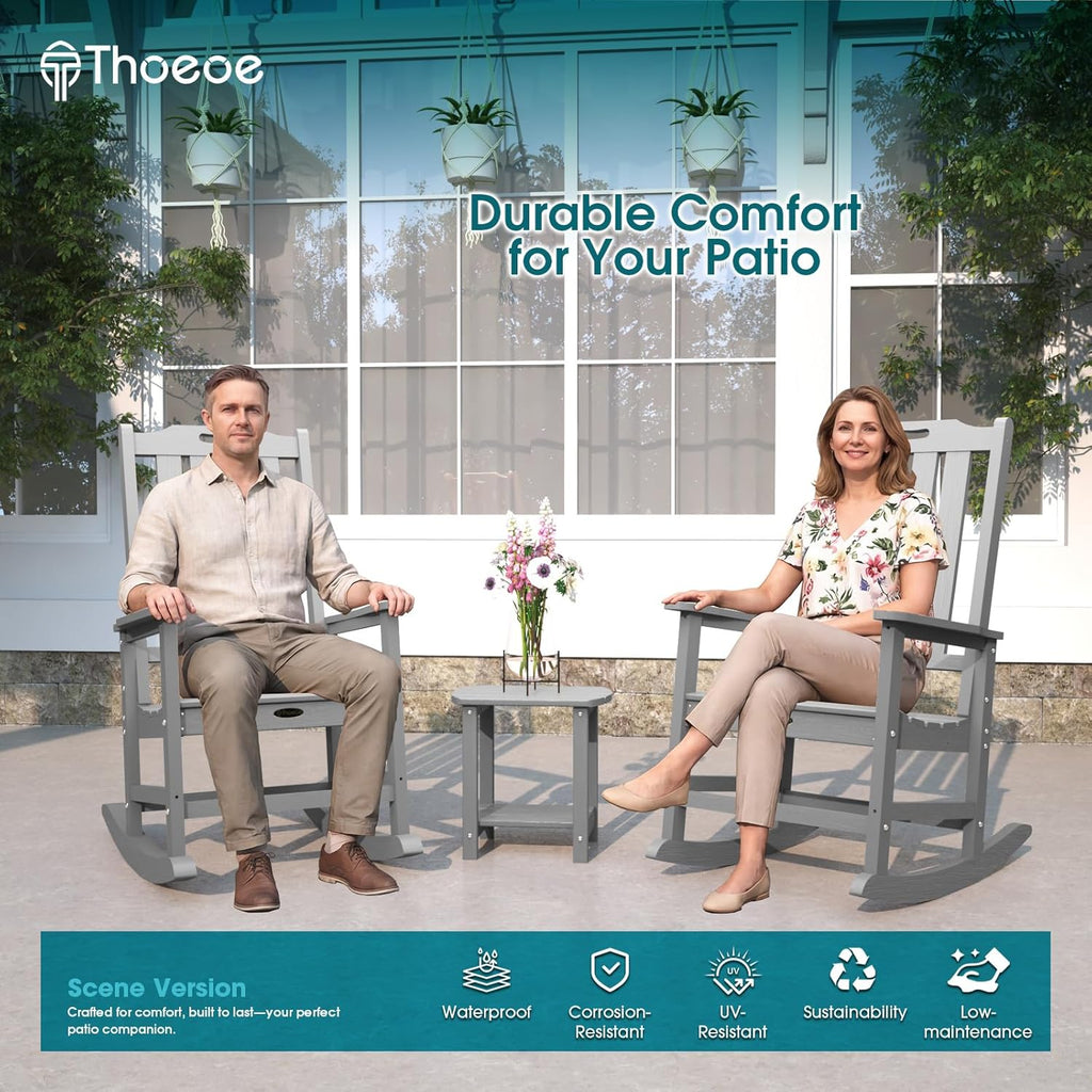 THOEOE Outdoor Rocking Chairs, Oversized Patio Rocking Chair | HDPE Outdoor Rockers for Front Porch, Patio, Backyard, Balcony and Garden. All-Weather High Back Design, Gray
