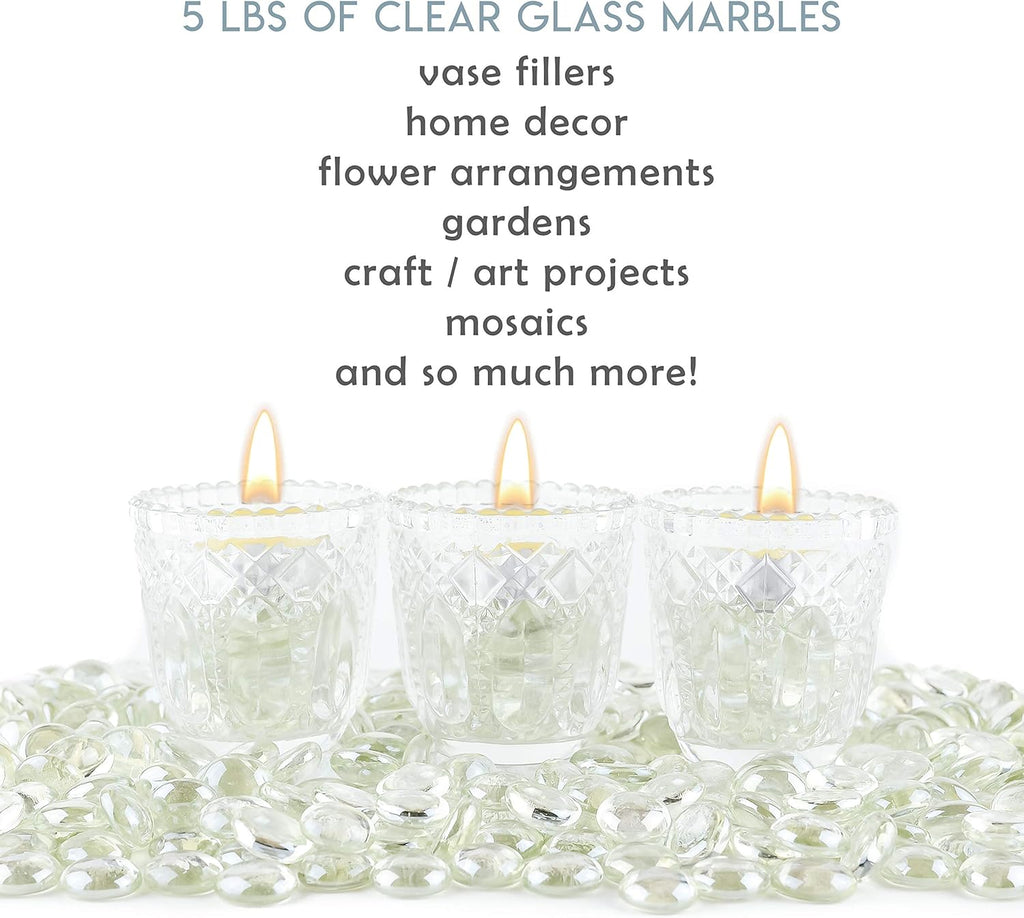 Clear Flat Glass Marbles Vase Filler Beads (5lb, 500 Stones) | Glass Pebbles, Mancala Gems