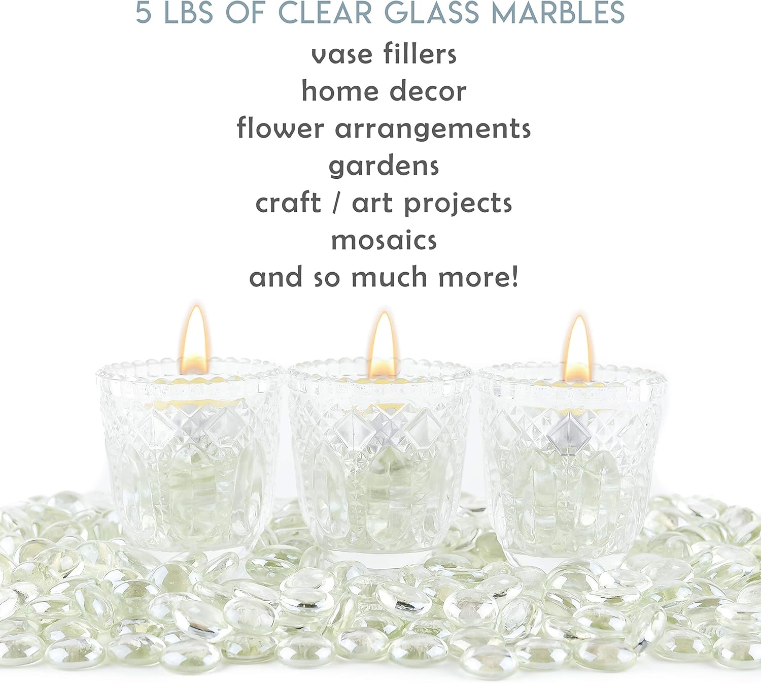 Clear Flat Glass Marbles Vase Filler Beads (5lb, 500 Stones) | Glass Pebbles, Mancala Gems