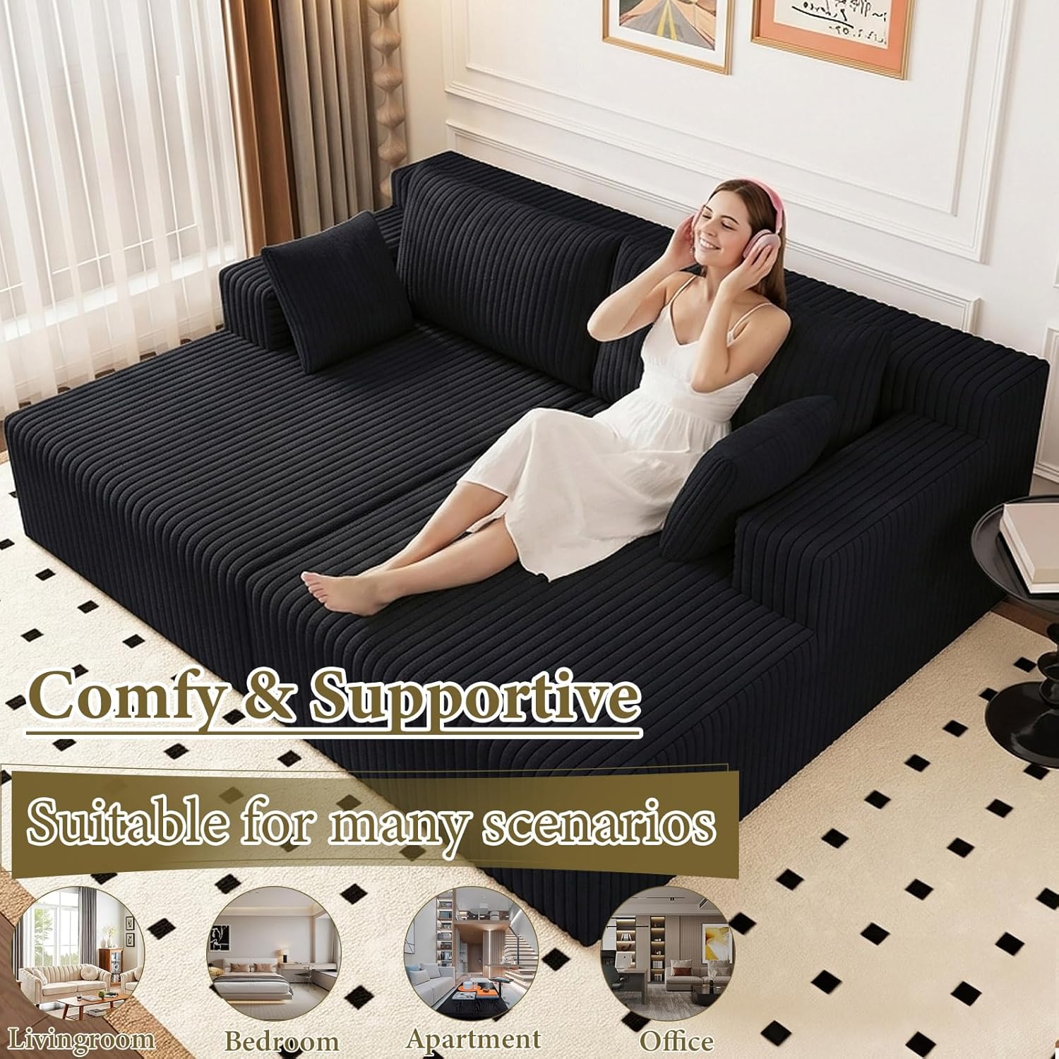 71" Oversized Double Chaise Lounges Indoor, Upholstered Corduroy Oversized Chaise Lounge Chair, Modern Sleeper Loveseat Chair Boneless Cloud Couch for Living Room Bedroom Reading (Black)