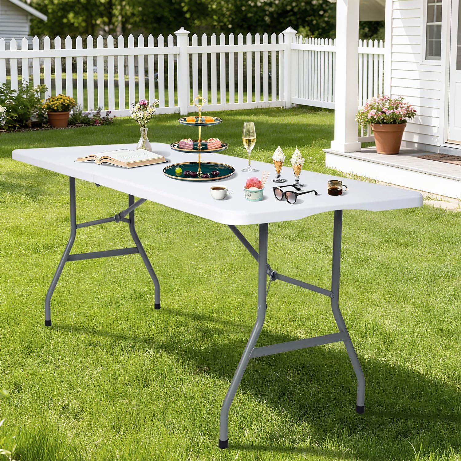 Folding Table 6ft Foldable Table with Built in Handle & Steel Legs / 6FT Heavy Duty Folding Portable,Perfect for Party, Dining Indoor/Outdoor Events, Tailgating & Backyard BBQ, White