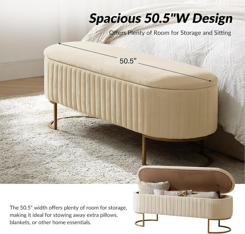 50.5” Velvet Storage Ottoman Bench with Gold-Toned Legs, Luxury Upholstered End of Bed Multi-Functional Footrest & Seat for Bedroom & Entryway