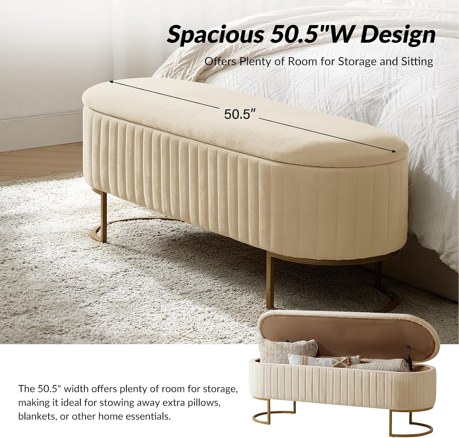 50.5” Velvet Storage Ottoman Bench with Gold-Toned Legs, Luxury Upholstered End of Bed Multi-Functional Footrest & Seat for Bedroom & Entryway