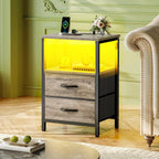 Huuger Night Stand with Charger Station and LED Lights, 2 Drawer Nightstand, Bed Side Table with Open Shelf, End Table, Fabric Drawers for Bedroom, Oak