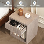 OLIXIS Set of 2 Modern Nightstand, 22.7" Fluted Drawer Wood Bedside Table | Compact white oak nightstand with drawer & open shelf, sturdy multi-use end table for bedroom, sofa side table, entryway