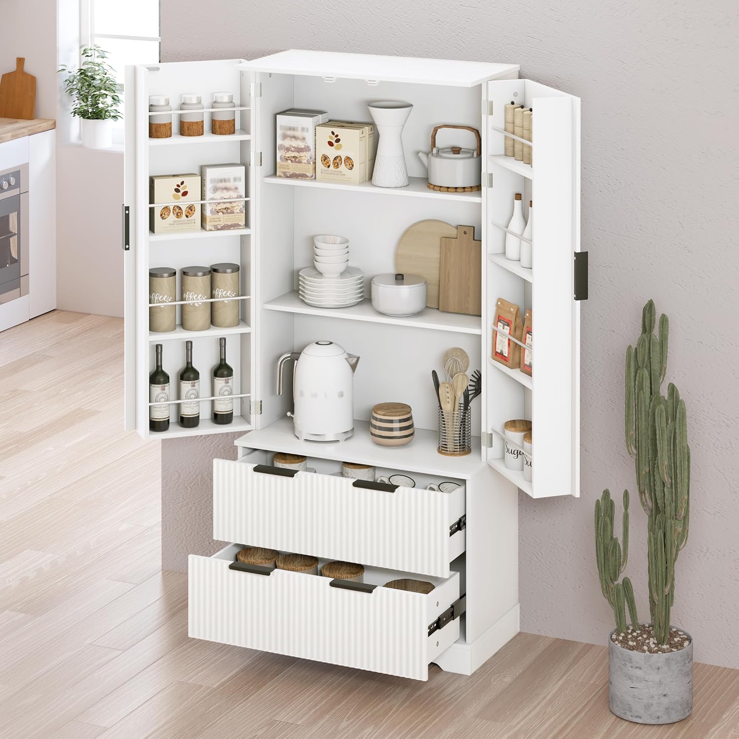 RiteSune 72" Tall Kitchen Pantry Storage Cabinet with 3 Keyboard Drawers & 6 Adjustable Shelves (2 Drawer - White)