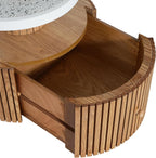 Unique Four-Petal Accent Table with Storage Drawer, Nordic Style Round Side Table for Living Room Bedroom, Compact End Table with Wood-Grain Base, Small Nightstand for Small Spaces