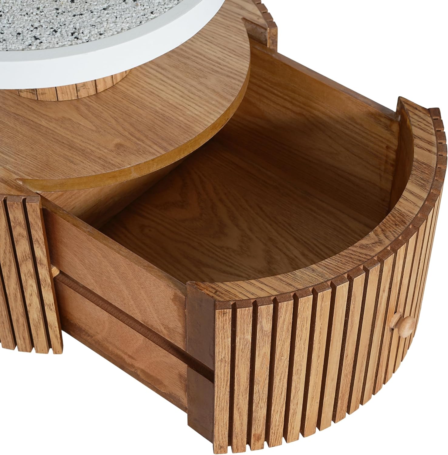 Unique Four-Petal Accent Table with Storage Drawer, Nordic Style Round Side Table for Living Room Bedroom, Compact End Table with Wood-Grain Base, Small Nightstand for Small Spaces