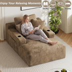 50"W x 76"D Oversized Chaise Lounge Chair Indoor Boneless Reading Chair Plush Corduroy Recliner with Cup Holders Large Deep Seat Comfy Sofa Bed Couch with 3 Pillows for Living Room Bedroom, Camel