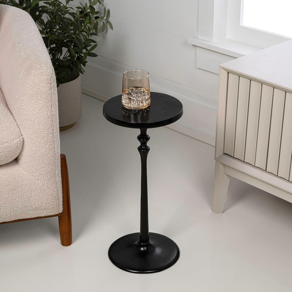 Eyely DNE4000B Lee 19.5" Art Deco Classic Pedestal Round Metal Drink Table and Decorative End Table for Living Room, Bedroom, Black