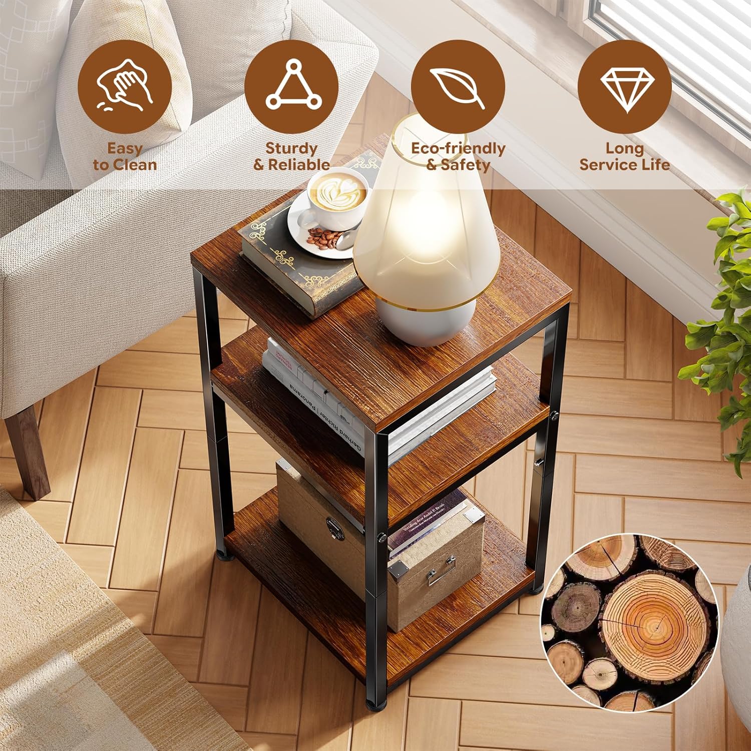 Ekisemio 3-Tier Side Table – End Table Nightstand for Small Spaces & Living Room, Rustic Brown