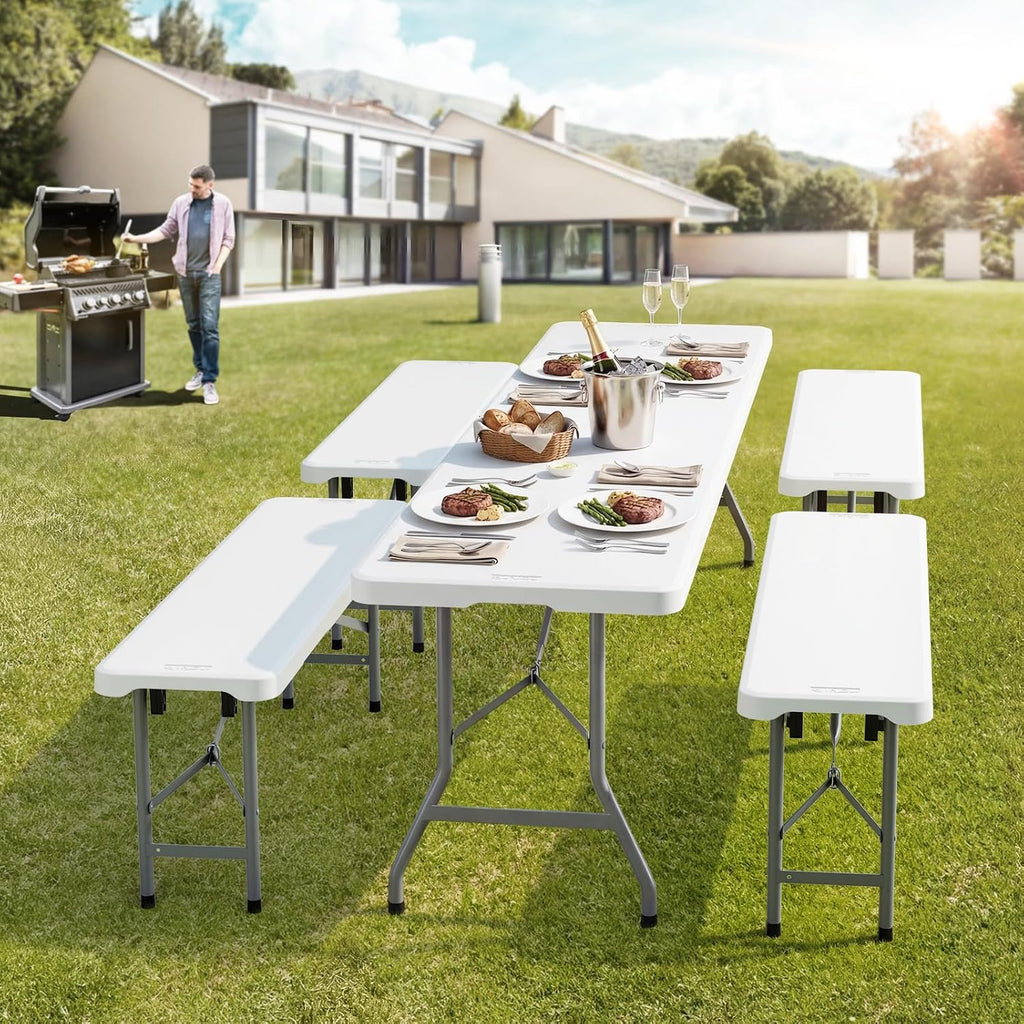 VINGLI 4 feet Plastic Folding Bench,Portable in/Outdoor Picnic Party Camping Dining Seat, Garden Soccer Multipurpose Entertaining Activities, Smooth HDPE Tabletop (2, White, 4ft)