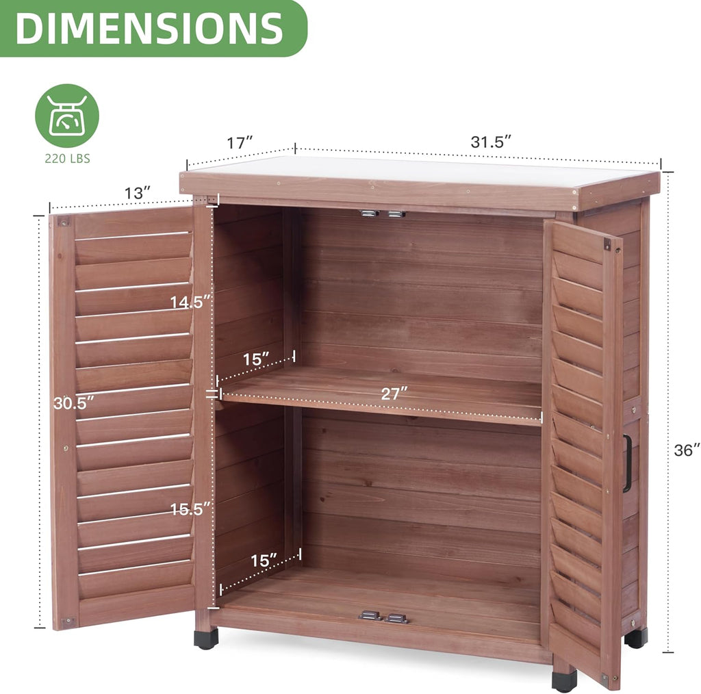 Potting Bench with Storage Cabinet and Metal Table Top for Outdoor Patio, Garden Furniture Wood Workstation (Dark Brown, 31x17x36‘’)