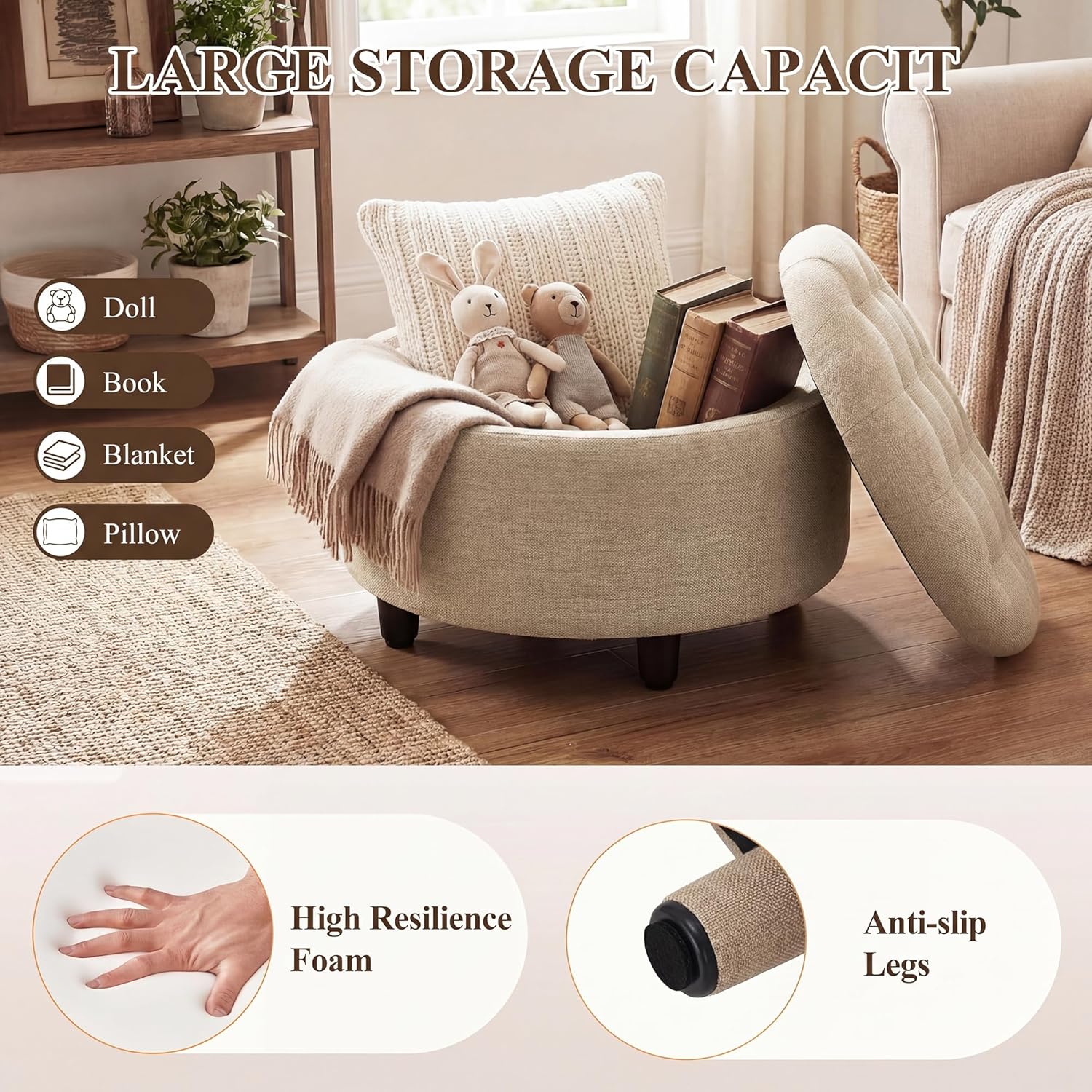 COLAMY Fabric Round Storage Ottoman with Reversible Tray Lid – Multi-Functional Footrest, Hidden Storage, Sturdy & Stylish Small Coffee Table for Living Room, Bedroom, or Entryway(Camel)