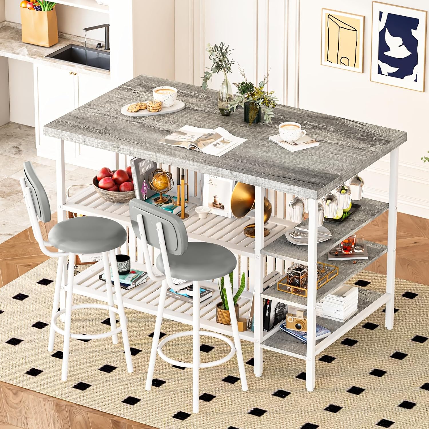 DKLGG 3 Piece Dining Table Set for 2,Kitchen Island with Seating & Storage,Industrial Bar Table and Chairs Set,Space-Saving Pub Table Set for Small Space (Grey)
