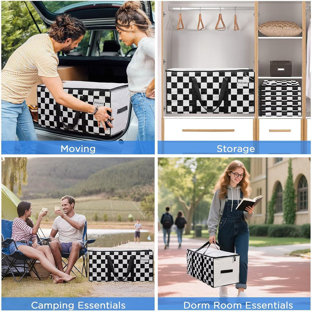 BETU 4 Pack Moving Bags Moving Storage College Dorm Camping Packing Travel PE Heavy Duty, Sturdy Handle, Zipper Large Storage Tote Bag Moving Boxes Box Alternative - White Plaid 29L x 15W x 15H