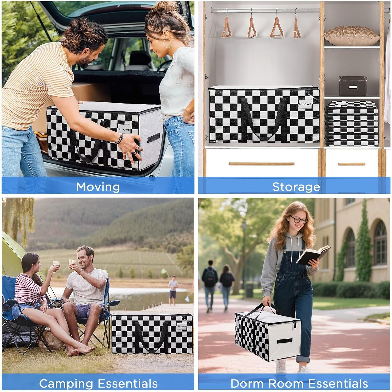 BETU 4 Pack Moving Bags Moving Storage College Dorm Camping Packing Travel PE Heavy Duty, Sturdy Handle, Zipper Large Storage Tote Bag Moving Boxes Box Alternative - White Plaid 29L x 15W x 15H