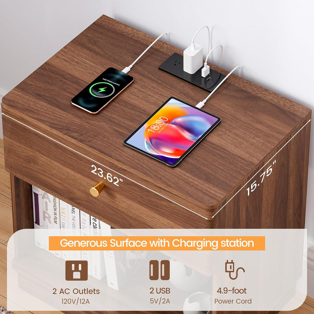 FurSch Modern End Table with Charging Station for Living Room, Wood Side Table with Drawer & Storage Shelf for Bedroom Couch Sofa (Walnut-1 pc)