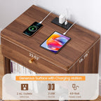 FurSch Modern End Table with Charging Station for Living Room, Wood Side Table with Drawer & Storage Shelf for Bedroom Couch Sofa (Walnut-1 pc)