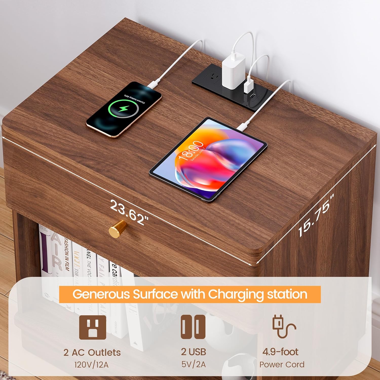 FurSch Modern End Table with Charging Station for Living Room, Wood Side Table with Drawer & Storage Shelf for Bedroom Couch Sofa (Walnut-1 pc)