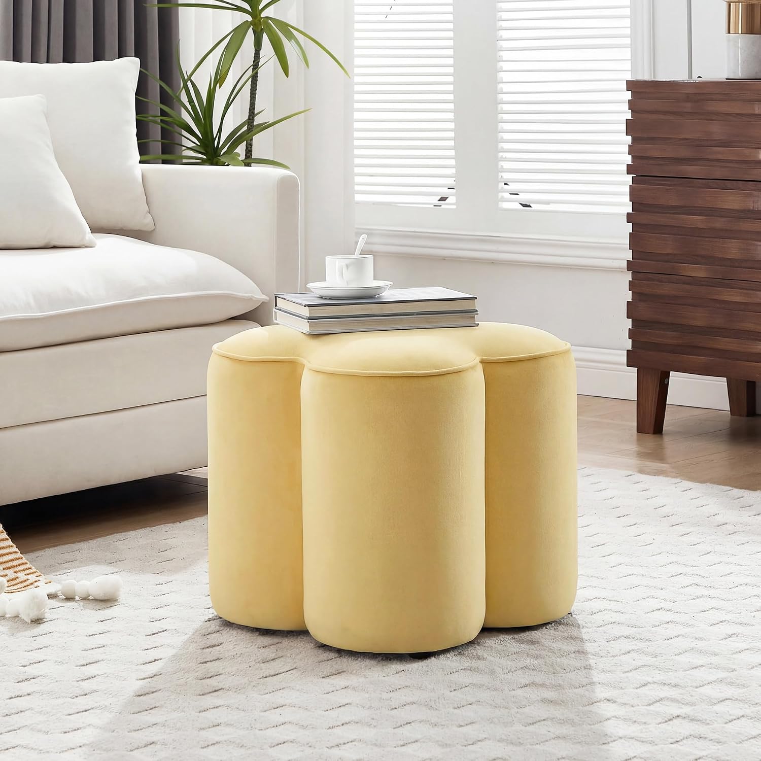 Yellow Velvet Ottoman, Small Vanity Stool, Modern Ottoman Stool, Footrest for Couch, Flower Footstool for Makeup Room, Entryway and Living Room