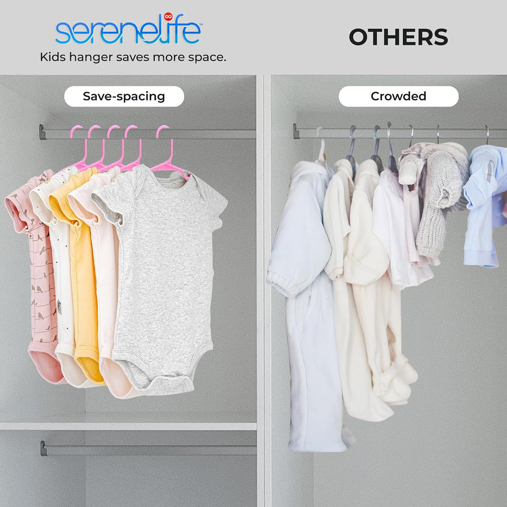 SereneLife 60 Pack Kids Plastic Hangers, Non-Slip Pink Baby Toddler Clothes Hangers, Slim Space Saving Nursery Closet Organizers, for Infant Toddler Kids Shirts Dresses Pants, Durable PP Set Room