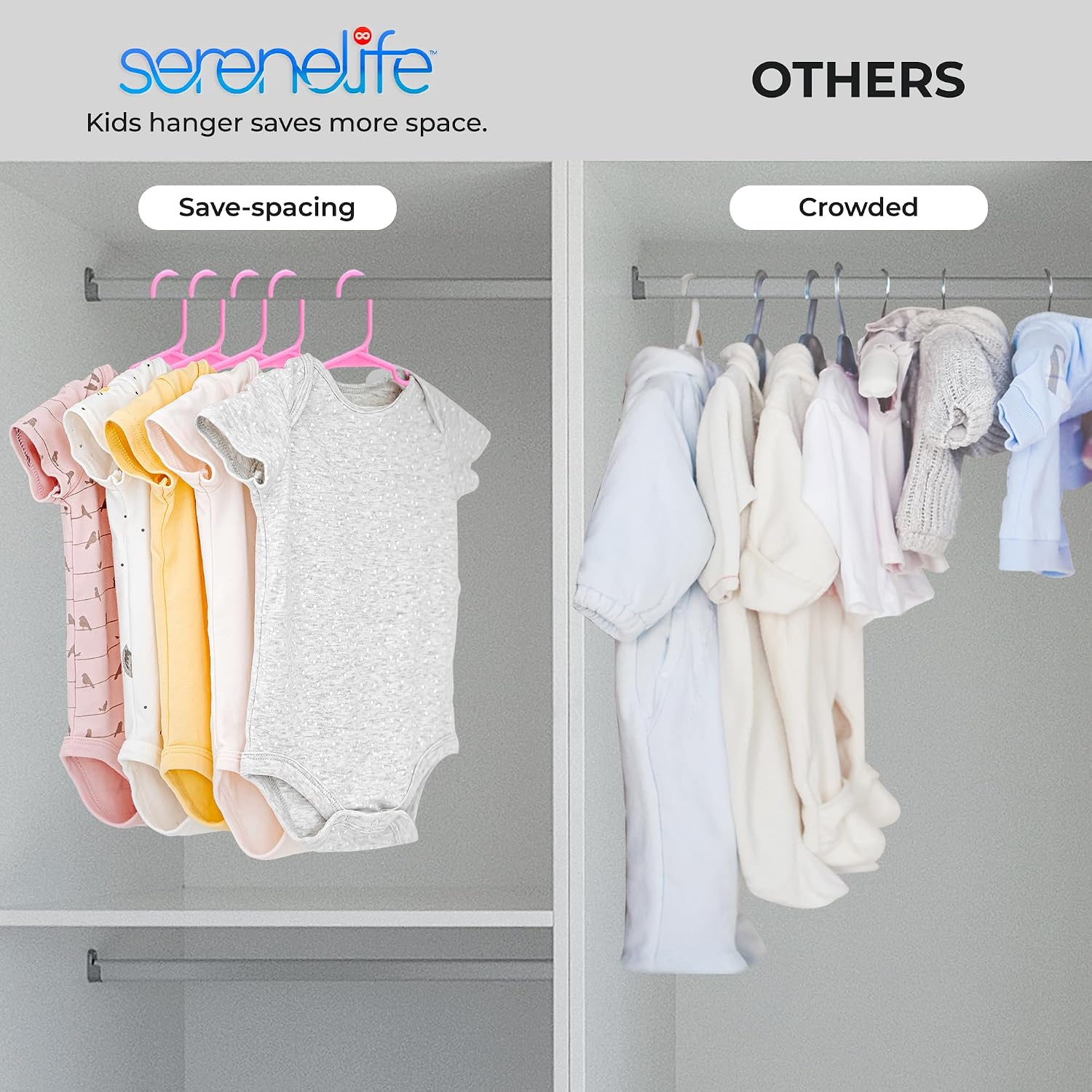 SereneLife 60 Pack Kids Plastic Hangers, Non-Slip Pink Baby Toddler Clothes Hangers, Slim Space Saving Nursery Closet Organizers, for Infant Toddler Kids Shirts Dresses Pants, Durable PP Set Room