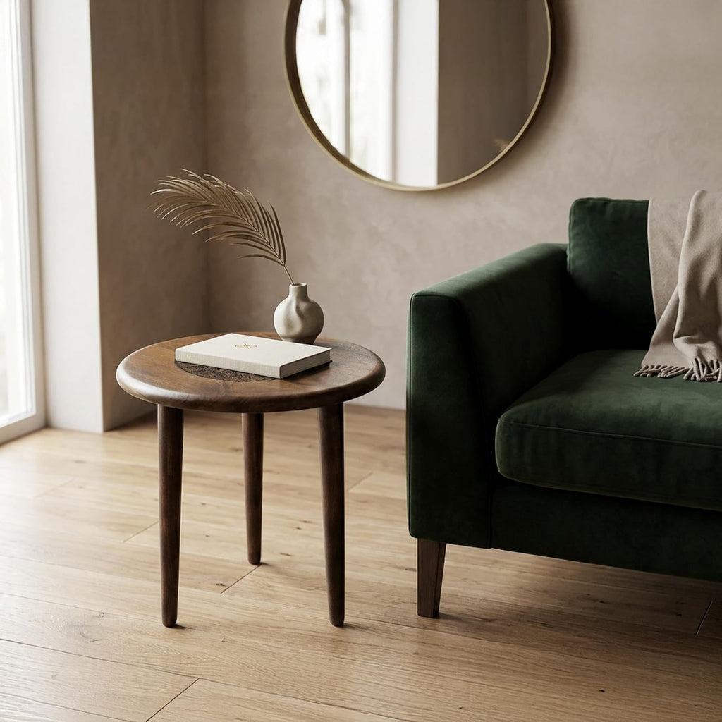 TUP THE URBAN PORT AMA 22 Inch Side End Table, Round Top, Indian Mandala Floral Carving, 3 Legs, Brown Mango Wood